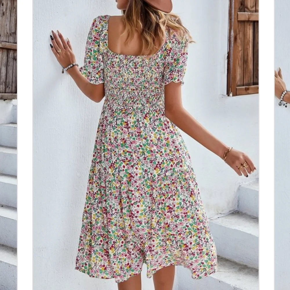 Boutique Boho Summer Floral Midi Dress Ruffle Calico Smocking Bohemian - Picture 2 of 14
